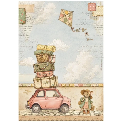 Papier ryżowy Cozy Family. Wzór: samochód, walizki, myszka w sukience i kapeluszu, podróż.  Format A4, kod produktu DFSA41166. Idealny do techniki decoupage oraz projektów mixmedia, handmade i DIY.
