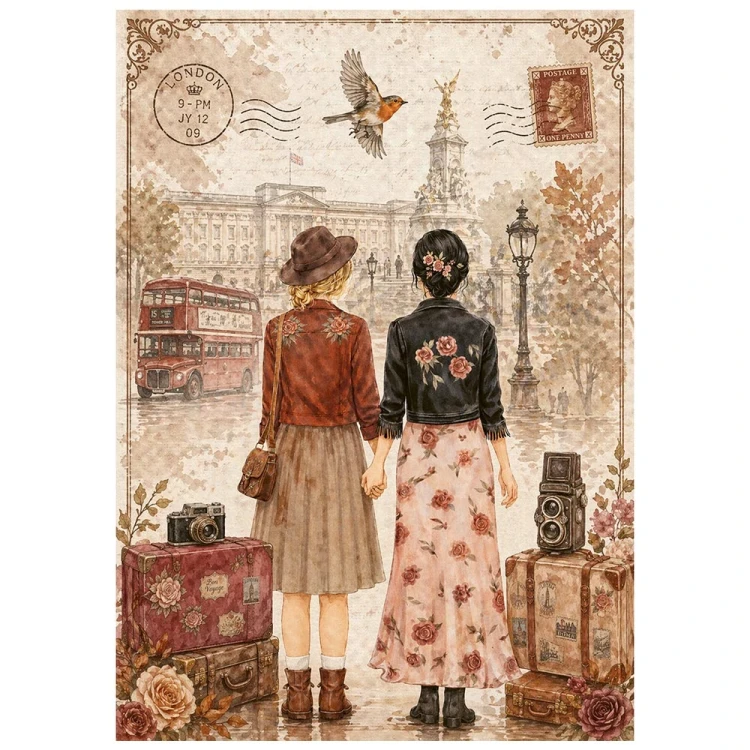 Papier ryżowy A6 Stamperia Our Way DFSA6X12 - zestaw 8 sztuk, dziewczyny, walizki, podróż, Londyn