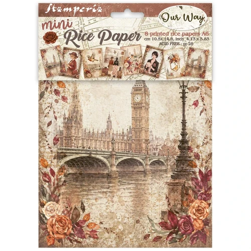 Papier ryżowy Stamperia z kolekcji Our Way, format A6 (10 x 15 cm). Zestaw zawiera 8 arkuszy, kod produktu DFSA6X12. Motyw: Londyn, zabytki, kwiaty, ptaki, kobiety w podróży. Idealny do techniki decoupage oraz projektów mixmedia, handmade i DIY.