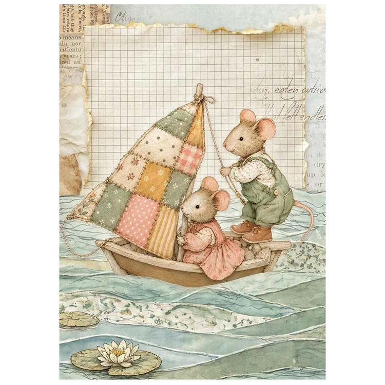 Papier ryżowy A6 Stamperia Cozy Family DFSA6X14 - zestaw 8 sztuk, myszki w łódce