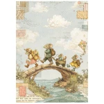 Papier ryżowy A6 Stamperia Cozy Family DFSA6X14 - zestaw 8 sztuk, rodzina myszek w podróży, mostek