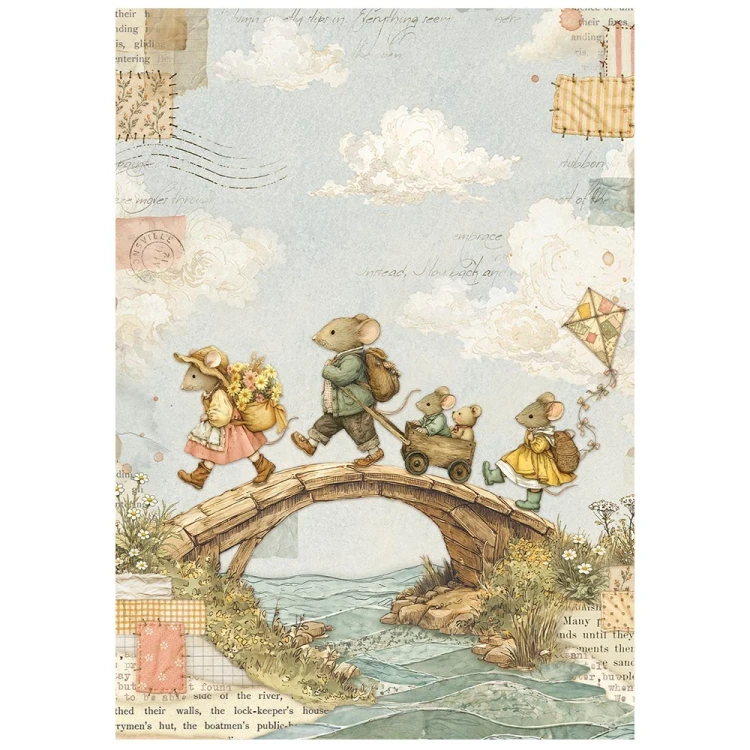 Papier ryżowy A6 Stamperia Cozy Family DFSA6X14 - zestaw 8 sztuk, rodzina myszek w podróży, mostek