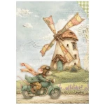 Papier ryżowy A6 Stamperia Cozy Family DFSA6X14 - zestaw 8 sztuk, myszka na motorze, wiatrak