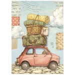 Papier ryżowy A6 Stamperia Cozy Family DFSA6X14 - zestaw 8 sztuk, autko z walizkami na dachu
