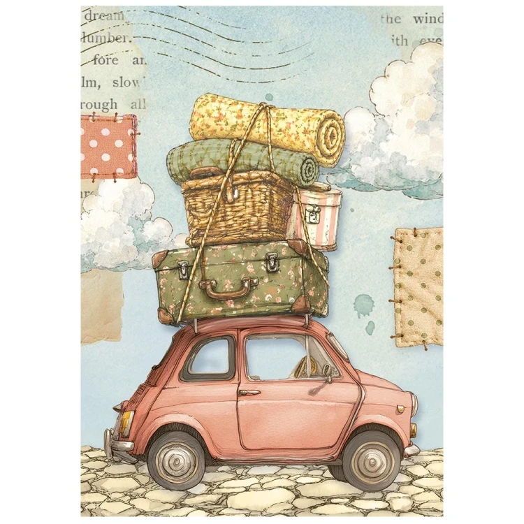 Papier ryżowy A6 Stamperia Cozy Family DFSA6X14 - zestaw 8 sztuk, autko z walizkami na dachu