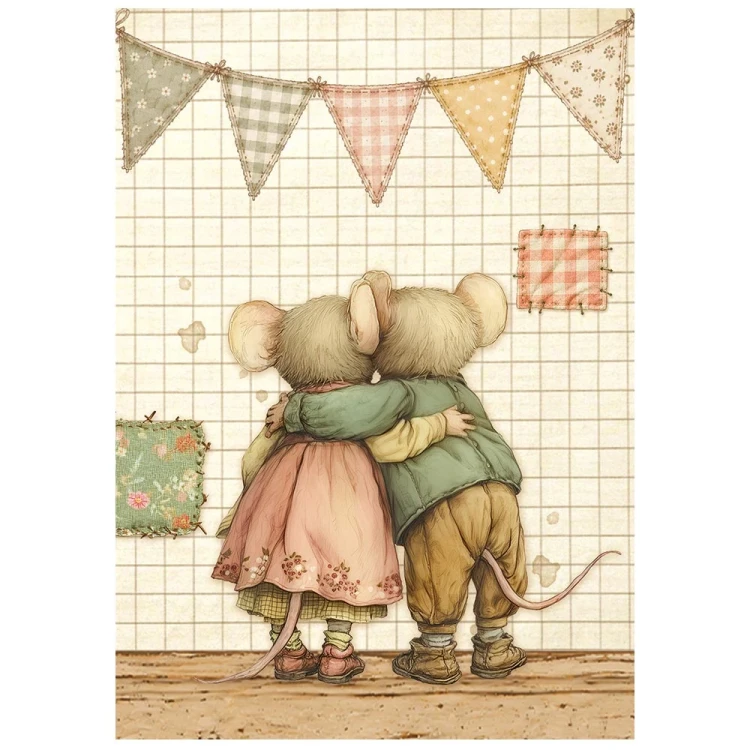 Papier ryżowy A6 Stamperia Cozy Family DFSA6X14 - zestaw 8 sztuk, para myszek przytulonych
