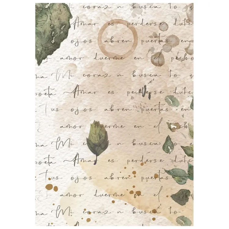 Papier ryżowy A6 Stamperia Flowers and Poems DFSAK6062 - zestaw 8 sztuk, pismo, liście