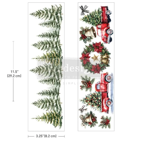 Luxy Transfers® Hometown Holiday Prima -  transfer rub-on zawierający 2 arkusze, każdy o wymiarach 29,2 x8,ccm. Zawiera motywy ośnieżonych choinek, czerwone auta, dekoracje świąteczne, dzwonki, kokardy, wianek. Kod produktu: 694242