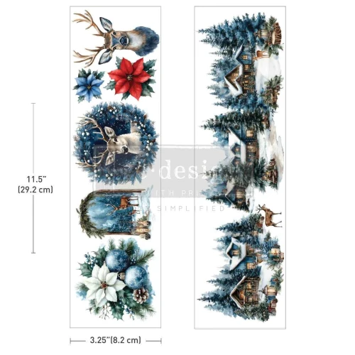 Luxy Transfers® Blue Ridge Winter Prima -  transfer rub-on zawierający 2 arkusze, każdy o wymiarach 29,2 x8,ccm. Wzory: ośnieżone domki, zimowe pejzaże, jelenie, bombki, świąteczne dekoracje. Kod produktu: 694228