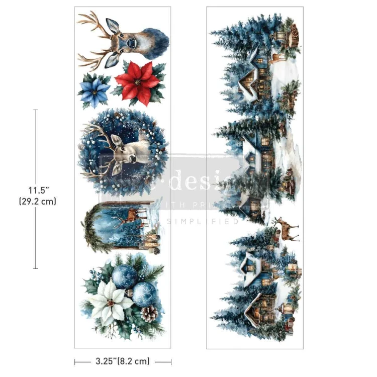 Luxy Transfers® Blue Ridge Winter Prima -  transfer rub-on zawierający 2 arkusze, każdy o wymiarach 29,2 x8,ccm. Wzory: ośnieżone domki, zimowe pejzaże, jelenie, bombki, świąteczne dekoracje. Kod produktu: 694228