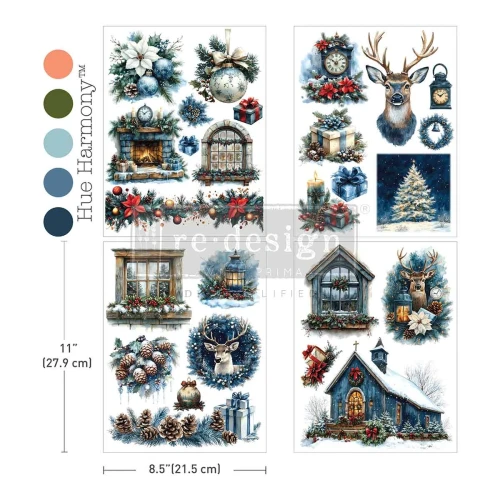 Middy Transfers® Quiet Country Blue  Prima -  transfer rub-on zawierający 4 arkusze, każdy o wymiarach 29,7 x21,5 cm. Wzory: świąteczne dekoracje, zimowe okna, jelenie, prezenty, kominek, lampiony, choinka. Kod produktu: 685911