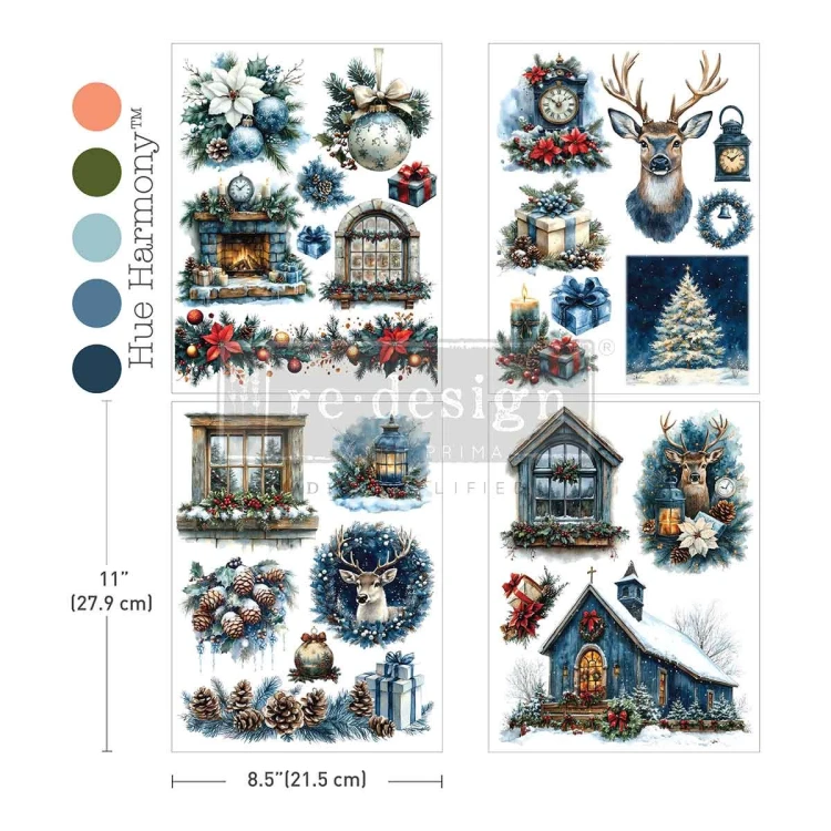 Middy Transfers® Quiet Country Blue  Prima -  transfer rub-on zawierający 4 arkusze, każdy o wymiarach 29,7 x21,5 cm. Wzory: świąteczne dekoracje, zimowe okna, jelenie, prezenty, kominek, lampiony, choinka. Kod produktu: 685911