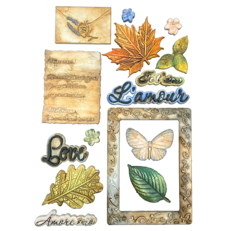 Foremka silikonowa A5 Stamperia Flowers and Poems KACMA623 - liście, napisy, listy , motyl, ramka