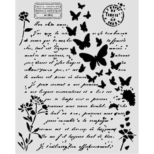 Szablon Stamepria z kolekcji  Flowers and Poems, wymiary 20x25cm. Wzór - odręczne pismo, motyle, kwiaty polne. Wykonany z giętkiego, elastycznego, przeźroczystego poliestru. Idealny do decoupage, mixmedia, scrapbookingu. Kod producenta  KSTD220.