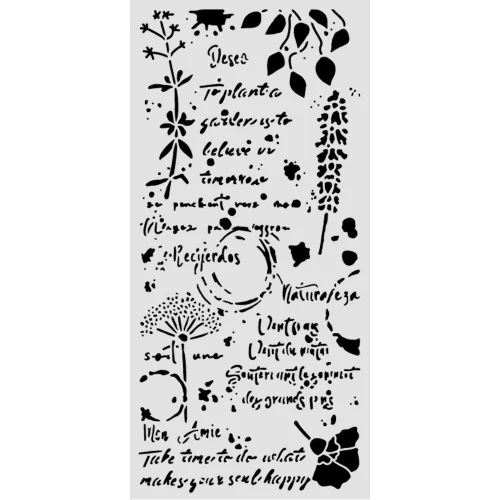 Szablon Stamepria z kolekcji  Flowers and Poems, wymiary 12x25cm. Wzór - odręczne pismo, kwiaty polne. Wykonany z giętkiego, elastycznego, przeźroczystego poliestru. Idealny do decoupage, mixmedia, scrapbookingu. Kod producenta  KSTDL175.