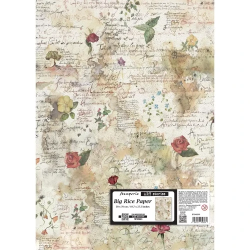 Papier ryżowy Stamperia Flowers and Poems z motywem odręcznego pisma, róż, akwarelowych plam. Format B2, 50x70 cm, kod  produktu DFSAJB019. Idealny do techniki decoupage oraz projektów mixmedia, handmade i zdobienia mebli.