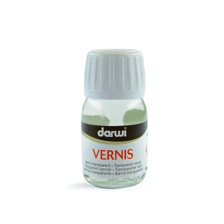 Darwi Vernis Satin 30 ml - lakier satynowy ochronny na bazie alkoholu. Idealny do FIMO, Cernitu, gliny, gipsu i farb akrylowych. Tworzy trwałą, transparentną powłokę zabezpieczając gotowe prace.