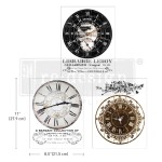 Middy Transfers® Vintage Clocks marki Re·Design Prima zawiera motyw tarcz zegarowych w stylu vintage, ornamenty, napisy. W opakowaniu znajdują 3 arkusze o wymiarach ok. 21,5 cm × 29,7 cm (8,5 x 11 cala).  kod produktu: 659257.