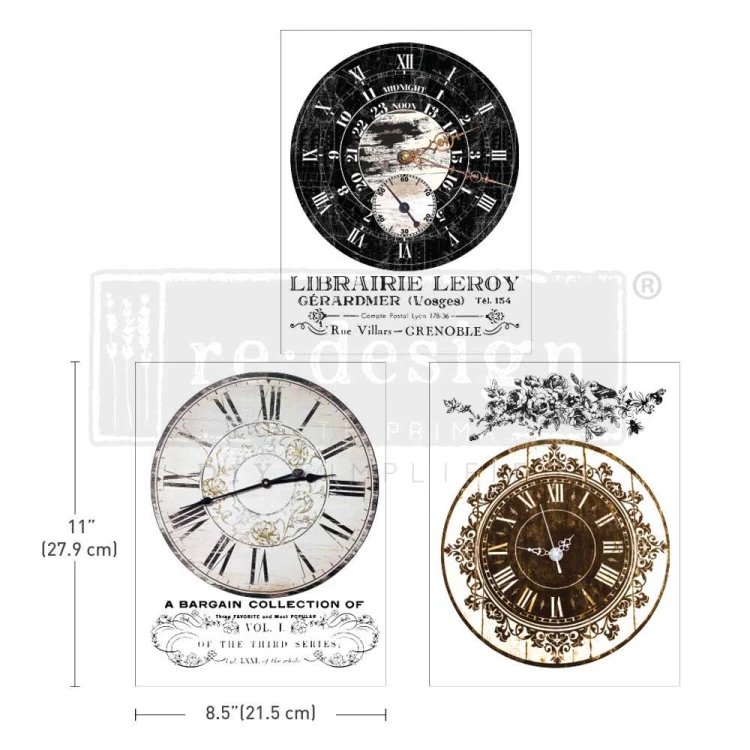 Middy Transfers® Vintage Clocks marki Re·Design Prima zawiera motyw tarcz zegarowych w stylu vintage, ornamenty, napisy. W opakowaniu znajdują 3 arkusze o wymiarach ok. 21,5 cm × 29,7 cm (8,5 x 11 cala).  kod produktu: 659257.