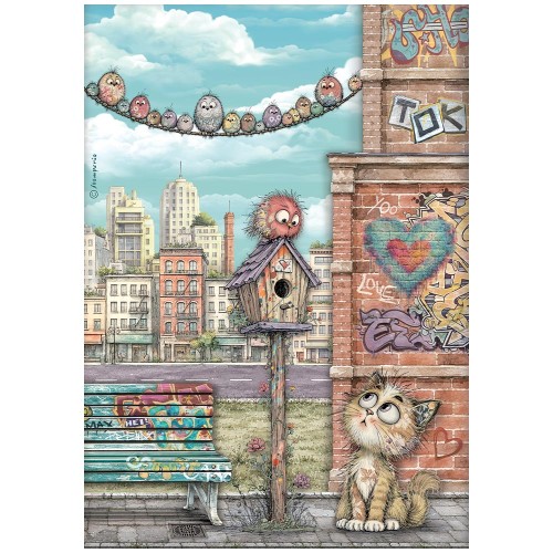 Papier ryżowy Furry Friends. Wzór: kotek, puchate ptaszki siedzące na drucie, niebo, miejska sceneria, budynki w tle, ceglana ściana, graffiti.  Format A4, kod produktu DFSA41171. Idealny do techniki decoupage oraz projektów mixmedia, handmade i DIY.