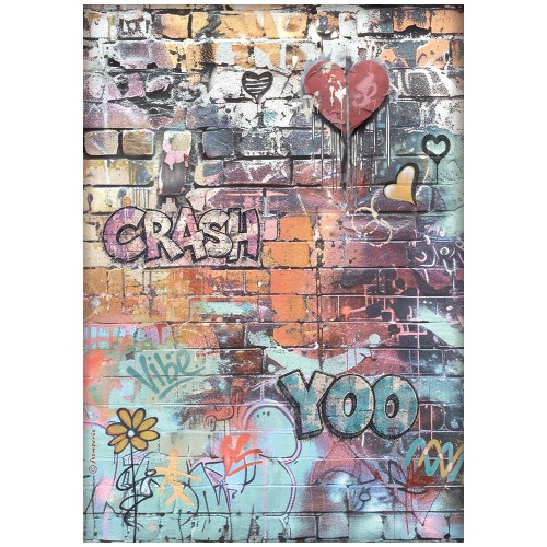 Papier ryżowy Furry Friends. Wzór: ceglana ściana, kolorowe graffiti.  Format A4, kod produktu DFSA41172. Idealny do techniki decoupage oraz projektów mixmedia, handmade i DIY.