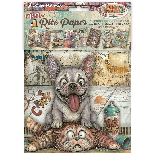 Papier ryżowy Stamperia Furry Family, format A6 (10 x 15 cm). Zestaw zawiera 8 arkuszy, kod produktu DFSA6X15. Motyw: kotki, pieski, ptaszki, graffiti, street art, wesołe scenki. Idealny do techniki decoupage oraz projektów mixmedia, handmade i DIY.