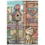 Papier ryżowy A6 Stamperia Furry Friends DFSA6X15 - zestaw 8 sztuk, kotek, ptaszki, miejska sceneria