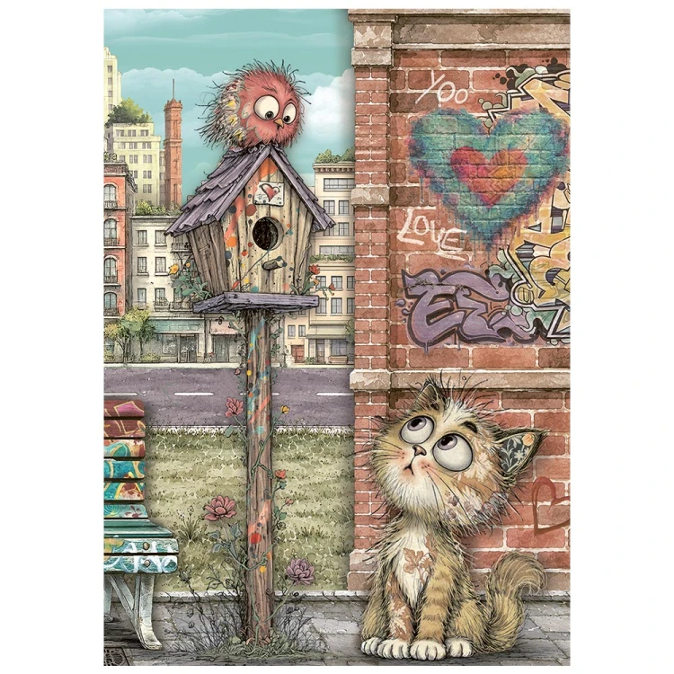 Papier ryżowy A6 Stamperia Furry Friends DFSA6X15 - zestaw 8 sztuk, kotek, ptaszki, miejska sceneria