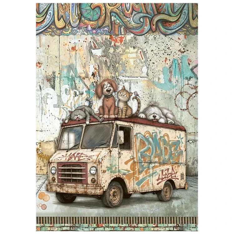 Papier ryżowy A6 Stamperia Furry Friends DFSA6X15 - zestaw 8 sztuk, pieski, kotki, auto truck