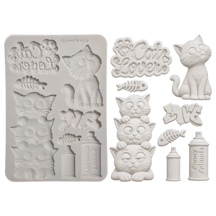 Foremka silikonowa marki Stamperia Furry Friends 2. Wzory odlewów:  kotki, napisy, szkielet rybki, farba w puszce w sprayu. Format A5, kod produktu KACMA626. Idealny do tworzenia odlewów do decoupage.