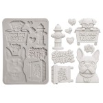 Foremka silikonowa marki Stamperia Furry Friends 2. Wzory odlewów:  pieski, buldog, hydrant, napisy. Format A5, kod produktu KACMA627. Idealny do tworzenia odlewów do decoupage.