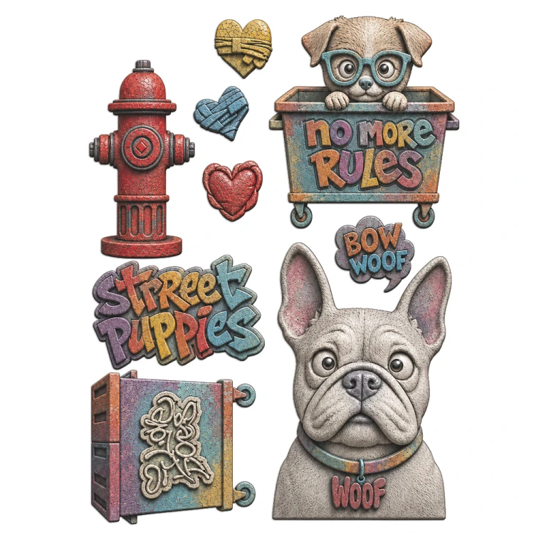 Foremka silikonowa A5 Stamperia "Furry Friends 2" KACMA627 - piesek, buldog, napisy, hydrant, gotowe pomalowane napisy