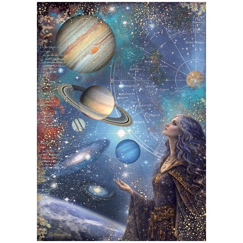 Papier ryżowy Cosmos. Wzór: planety, kosmos, gwiazdozbiór, mistyczna kobieta. Format A4, kod produktu DFSA41150. Idealny do techniki decoupage oraz projektów mixmedia, handmade i DIY.