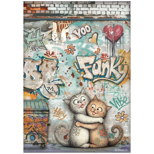 Papier ryżowy Stamperia Furry Friends 2. Wzór: dwa przytulone kotki, ściana z graffiti, kolorowe street art. Format A4, kod produktu DFSA41174. Idealny do techniki decoupage oraz projektów mixmedia, handmade i DIY.