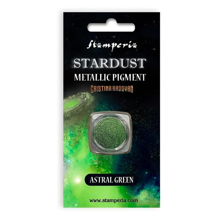 Pigment metaliczny sypki Stardust marki Stamperia. Kolor Astral Green, zieleń astralna. Waga 0,5 g.