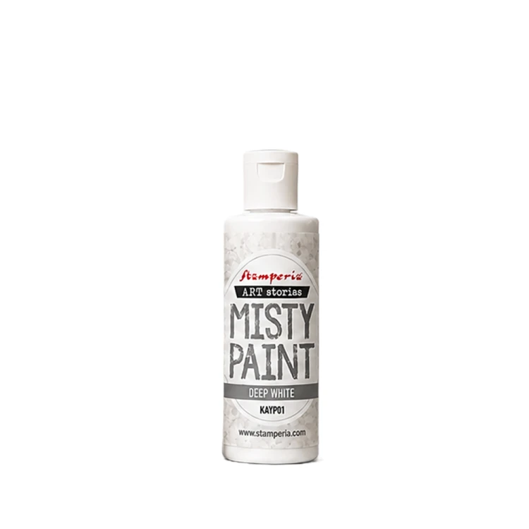 Farba akrylowa Misty Paint marki Stamperia 60 ml, kolor Deep White. Idealna do tworzenia efektów przenikania, rozmycia i subtelnych przejść tonalnych za pomocą wody. Sprawdzi się technikach mixedmedia, decoupage, DIY. Kod KAYP01.