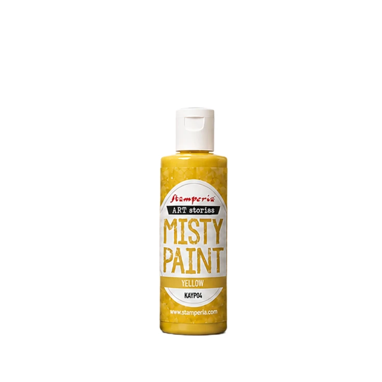 Farba akrylowa Misty Paint marki Stamperia 60 ml, kolor Yellow. Idealna do tworzenia efektów przenikania, rozmycia i subtelnych przejść tonalnych za pomocą wody. Sprawdzi się technikach mixedmedia, decoupage, DIY. Kod KAYP04.