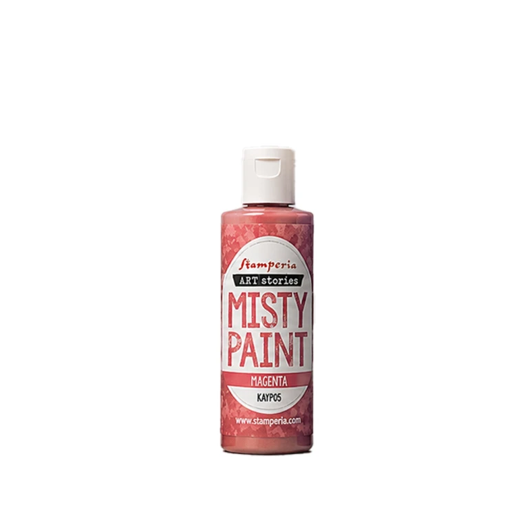 Farba akrylowa Misty Paint marki Stamperia 60 ml, kolor Magenta. Idealna do tworzenia efektów przenikania, rozmycia i subtelnych przejść tonalnych za pomocą wody. Sprawdzi się technikach mixedmedia, decoupage, DIY. Kod KAYP05.