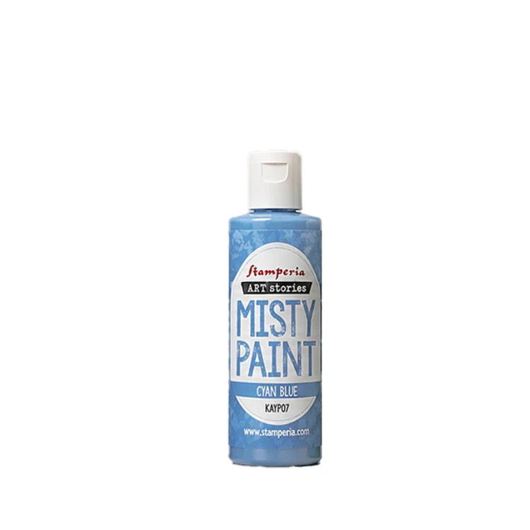 Farba akrylowa Misty Paint marki Stamperia 60 ml, kolor Cyan Blue. Idealna do tworzenia efektów przenikania, rozmycia i subtelnych przejść tonalnych za pomocą wody. Sprawdzi się technikach mixedmedia, decoupage, DIY. Kod KAYP07.