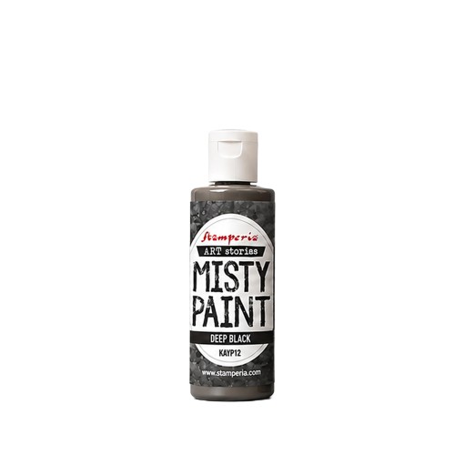 Farba akrylowa Misty Paint marki Stamperia 60 ml, kolor Deep Black. Idealna do tworzenia efektów przenikania, rozmycia i subtelnych przejść tonalnych za pomocą wody. Sprawdzi się technikach mixedmedia, decoupage, DIY. Kod KAYP12.