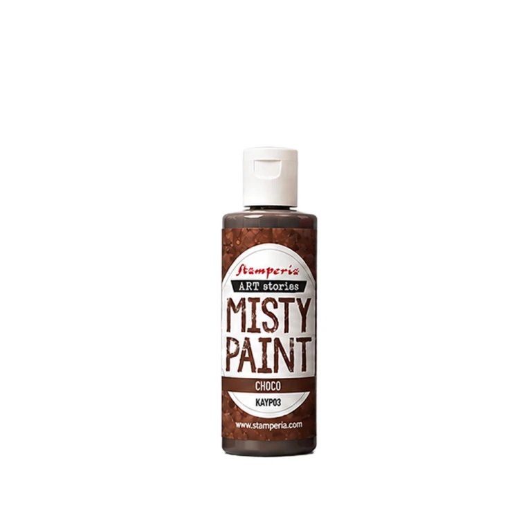 Farba akrylowa Misty Paint marki Stamperia 60 ml, kolor Choco. Idealna do tworzenia efektów przenikania, rozmycia i subtelnych przejść tonalnych za pomocą wody. Sprawdzi się technikach mixedmedia, decoupage, DIY. Kod KAYP03.