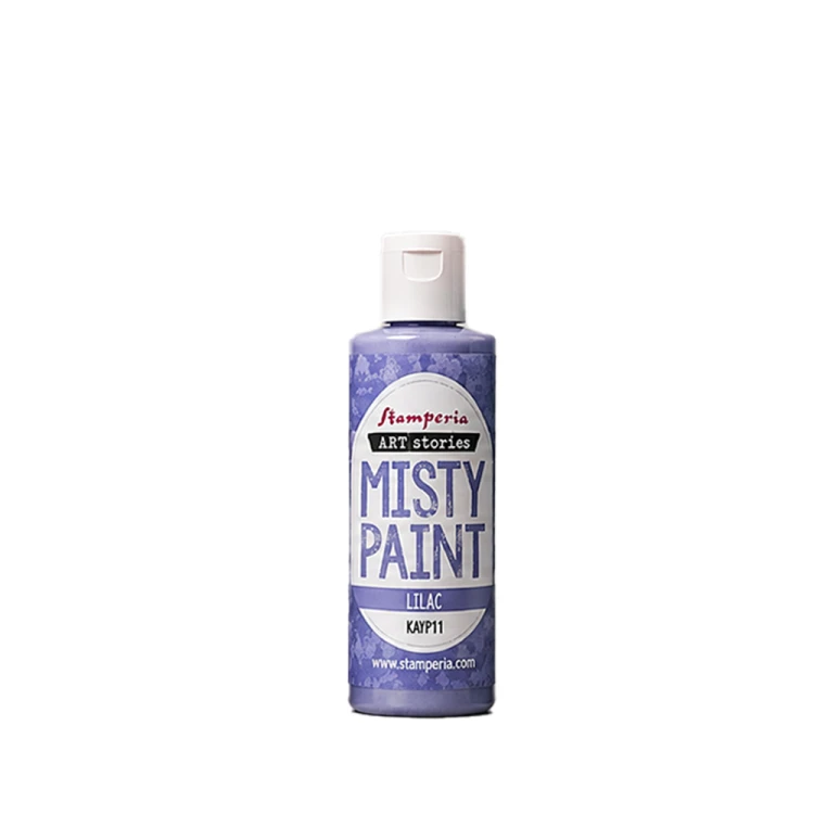 Farba akrylowa Misty Paint marki Stamperia 60 ml, kolor Lilac. Idealna do tworzenia efektów przenikania, rozmycia i subtelnych przejść tonalnych za pomocą wody. Sprawdzi się technikach mixedmedia, decoupage, DIY. Kod KAYP11.