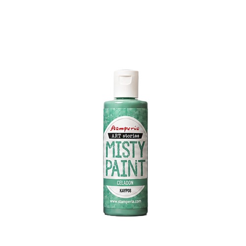 Farba akrylowa Misty Paint marki Stamperia 60 ml, kolor Celadon. Idealna do tworzenia efektów przenikania, rozmycia i subtelnych przejść tonalnych za pomocą wody. Sprawdzi się technikach mixedmedia, decoupage, DIY. Kod KAYP08.