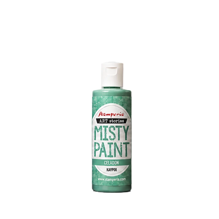 Farba akrylowa Misty Paint marki Stamperia 60 ml, kolor Celadon. Idealna do tworzenia efektów przenikania, rozmycia i subtelnych przejść tonalnych za pomocą wody. Sprawdzi się technikach mixedmedia, decoupage, DIY. Kod KAYP08.