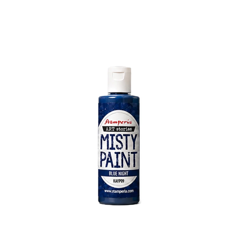 Farba akrylowa Misty Paint marki Stamperia 60 ml, kolor Blue Night. Idealna do tworzenia efektów przenikania, rozmycia i subtelnych przejść tonalnych za pomocą wody. Sprawdzi się technikach mixedmedia, decoupage, DIY. Kod KAYP09.
