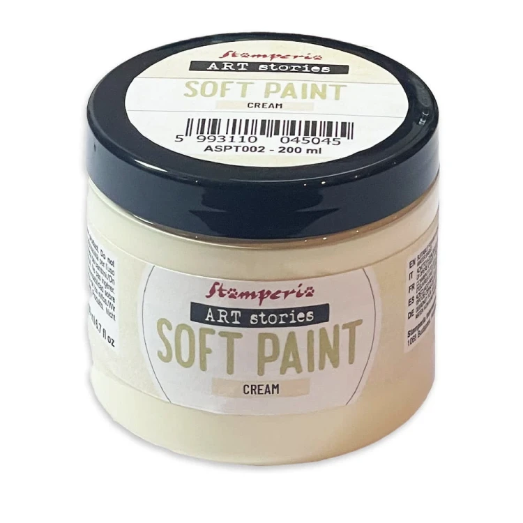 Farba kredowa Soft Paint marki Stamperia z serii Art Stories. Pojemność 200 ml, kolor Cream. Matowa, mocno kryjąca, miękki efekt w dotyku. Sprawdzi się technikach mixedmedia, decoupage, DIY i zdobieniu mebli. kod produktu  ASPT002