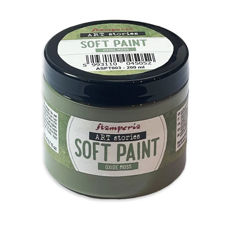 Farba kredowa Soft Paint marki Stamperia z serii Art Stories. Pojemność 200 ml, kolor COxide Moss. Matowa, mocno kryjąca, miękki efekt w dotyku. Sprawdzi się technikach mixedmedia, decoupage, DIY i zdobieniu mebli. kod produktu  ASPT003