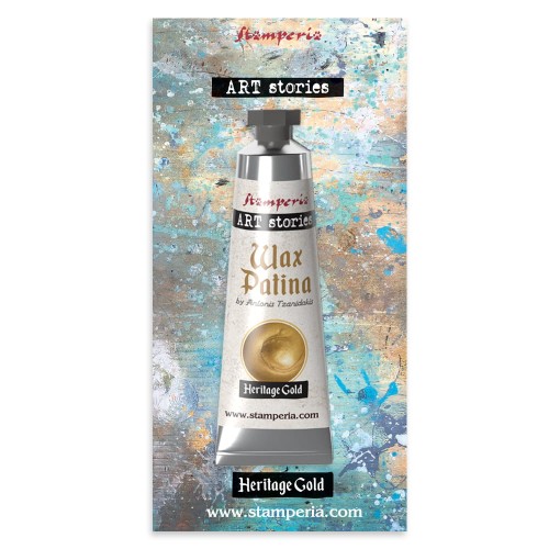 Patyna woskowa Wax Patina marki Stamperia z serii Art Stories, pojemność 40 ml, kolor Heritage Gold. Nadaje projektom efekt postarzenia i wyjątkowy metaliczny połysk. Kod KECW06.