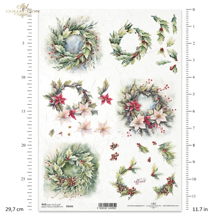 Papier ryżowy ITD Collection R2433, A4 - wianki z otrokrzewu, poisencji, elementy 3D