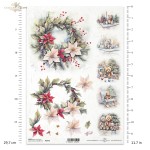 Papier ryżowy ITD Collection R2442, A4 - wianki z poisencją, scenki świąteczne z misiami